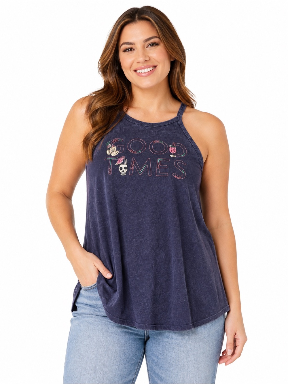 torrid Navy Graphic 'Good Times' Cold-Shoulder Tank